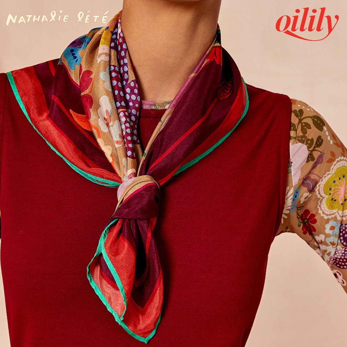 【f25wac9030】スカーフ ナタリーレテコラボ Tide Spirits 花柄 シルク【65ｘ65ｃｍ】