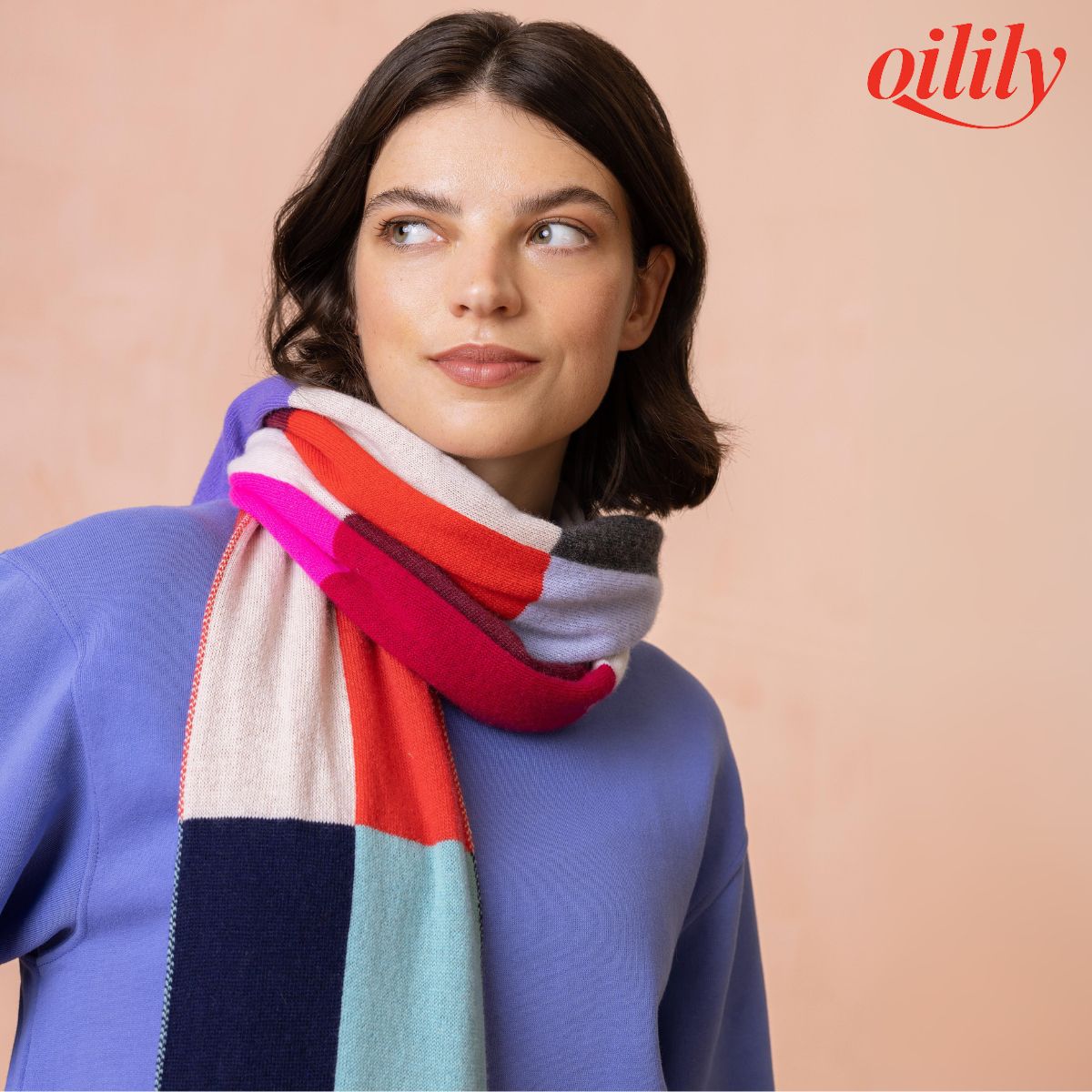 【f25wac9070】 マフラー ロングニット ブロック柄 RWS認証ウール カシミヤ混【20ｘ220ｃｍ】