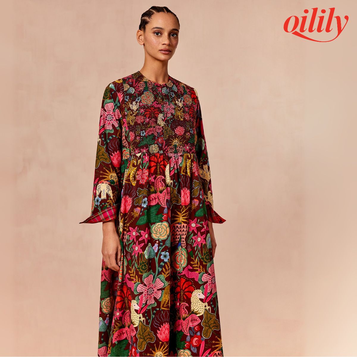 【f25wdr6020】 ワンピース スコットランド トレジャー 花柄 スモッキング マキシ丈【S-M】