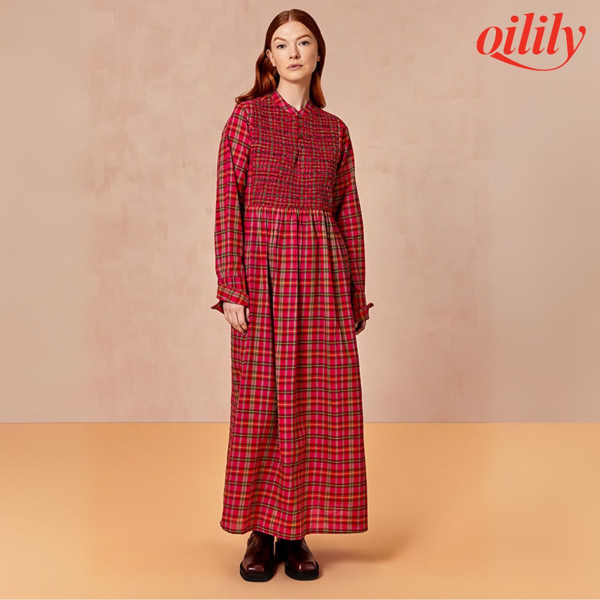 【f25wdr6050】 ワンピース マキシ丈  スモッキング チェック【S-M】