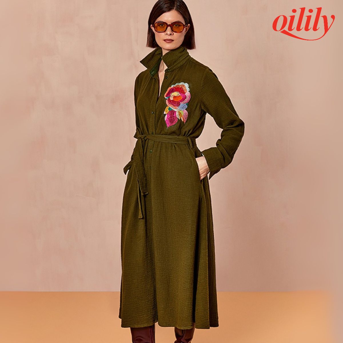 【f25wdr6070】ワンピース ワッフルコットン 花 手刺繍 スパンコール カーキグリーン ベルト付き【S-M】