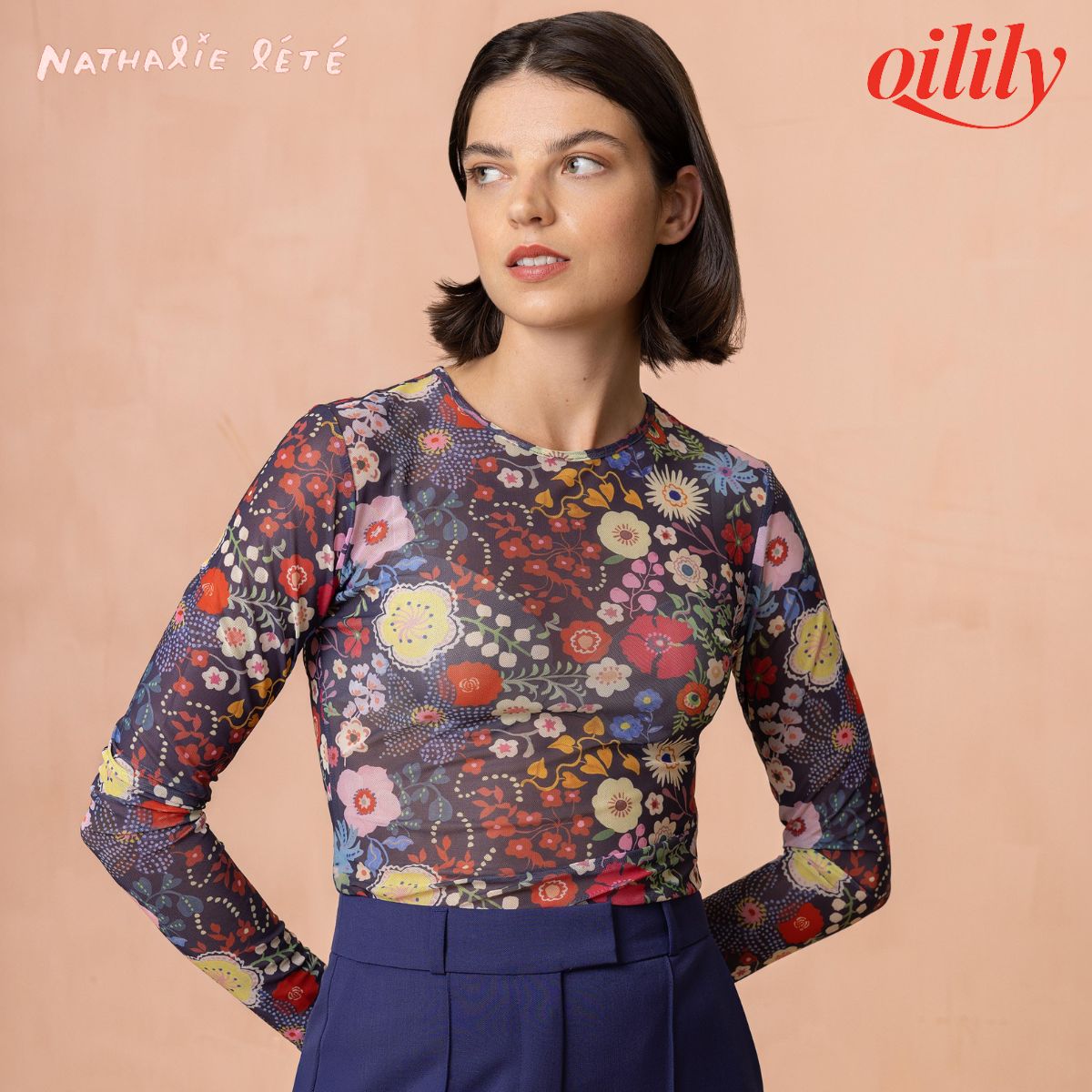 【f25wje4001】 Tシャツ ナタリーレテコラボ メッシュトップ シアーシャツ Tide Spirits 花柄 グレー インナー ボディフィット【S-XL】