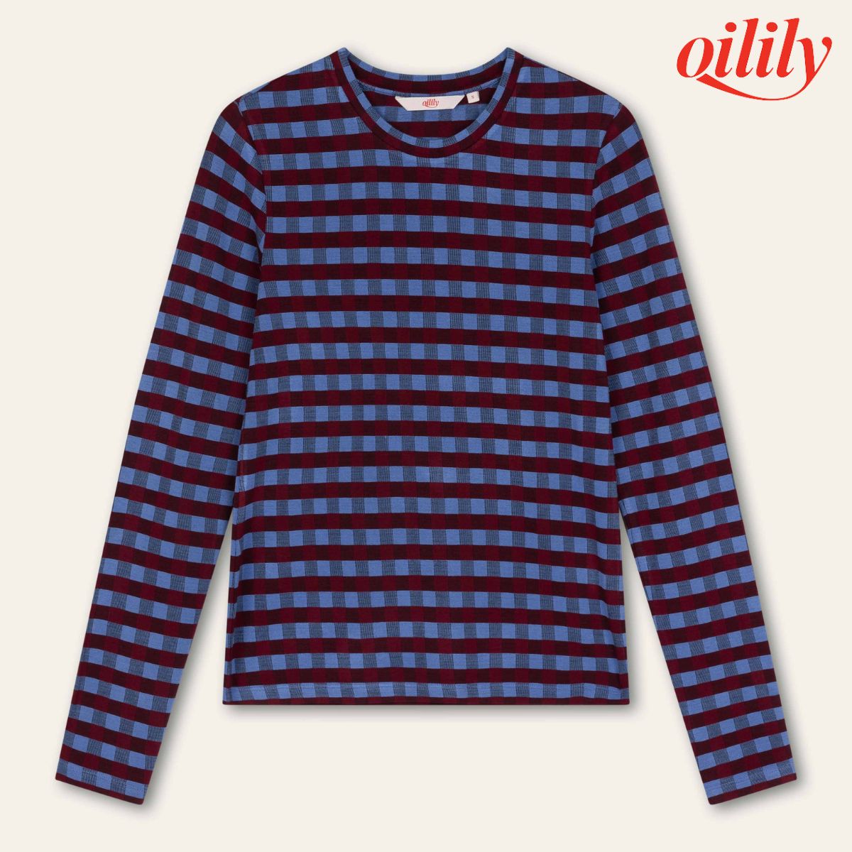 【f25wje4022】Tシャツ 長袖 チェック フィットトップス ビスコース 厚手 インナー【M-L】