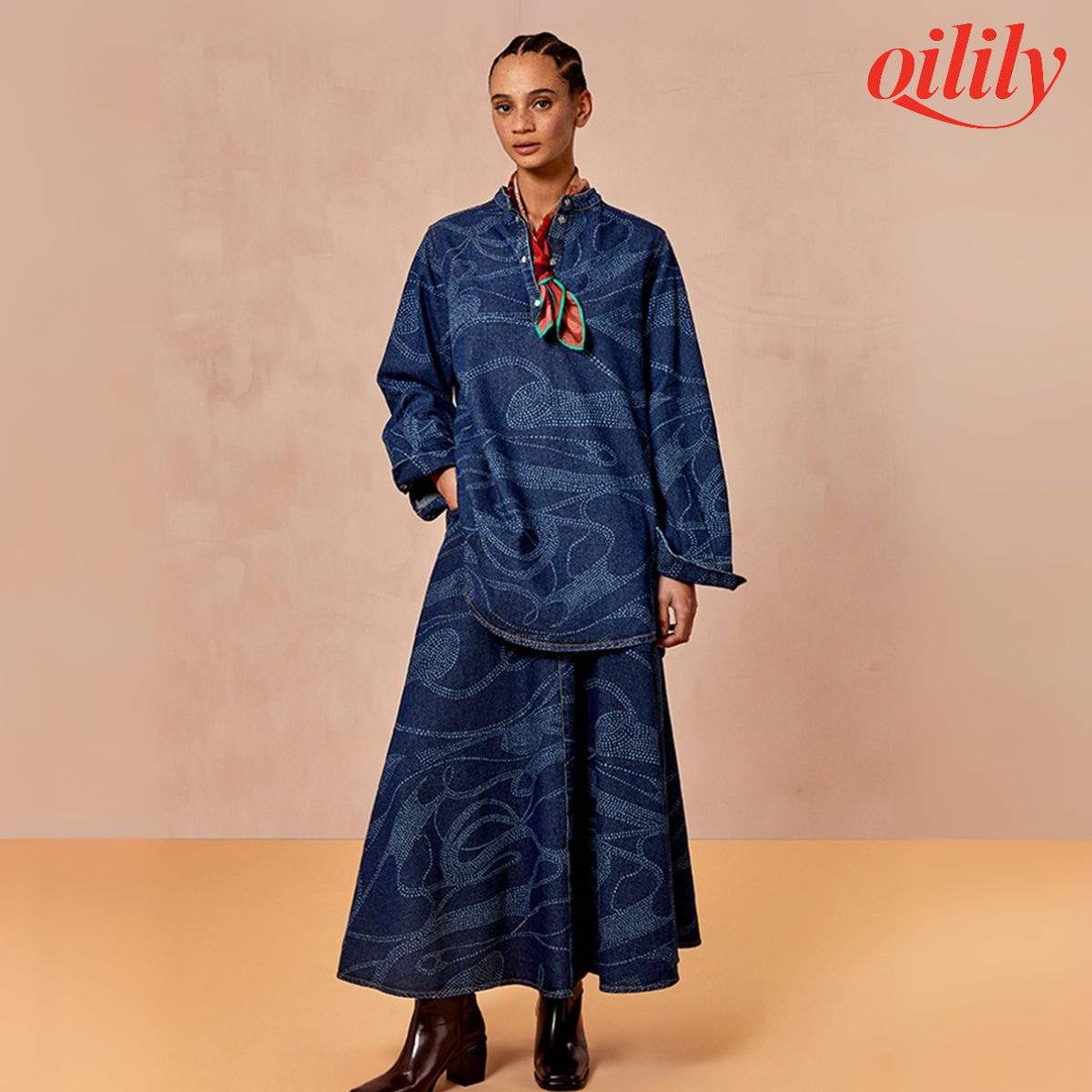 【f25wsk8000】 スカート ロングデニム レーザープリント【S-M】