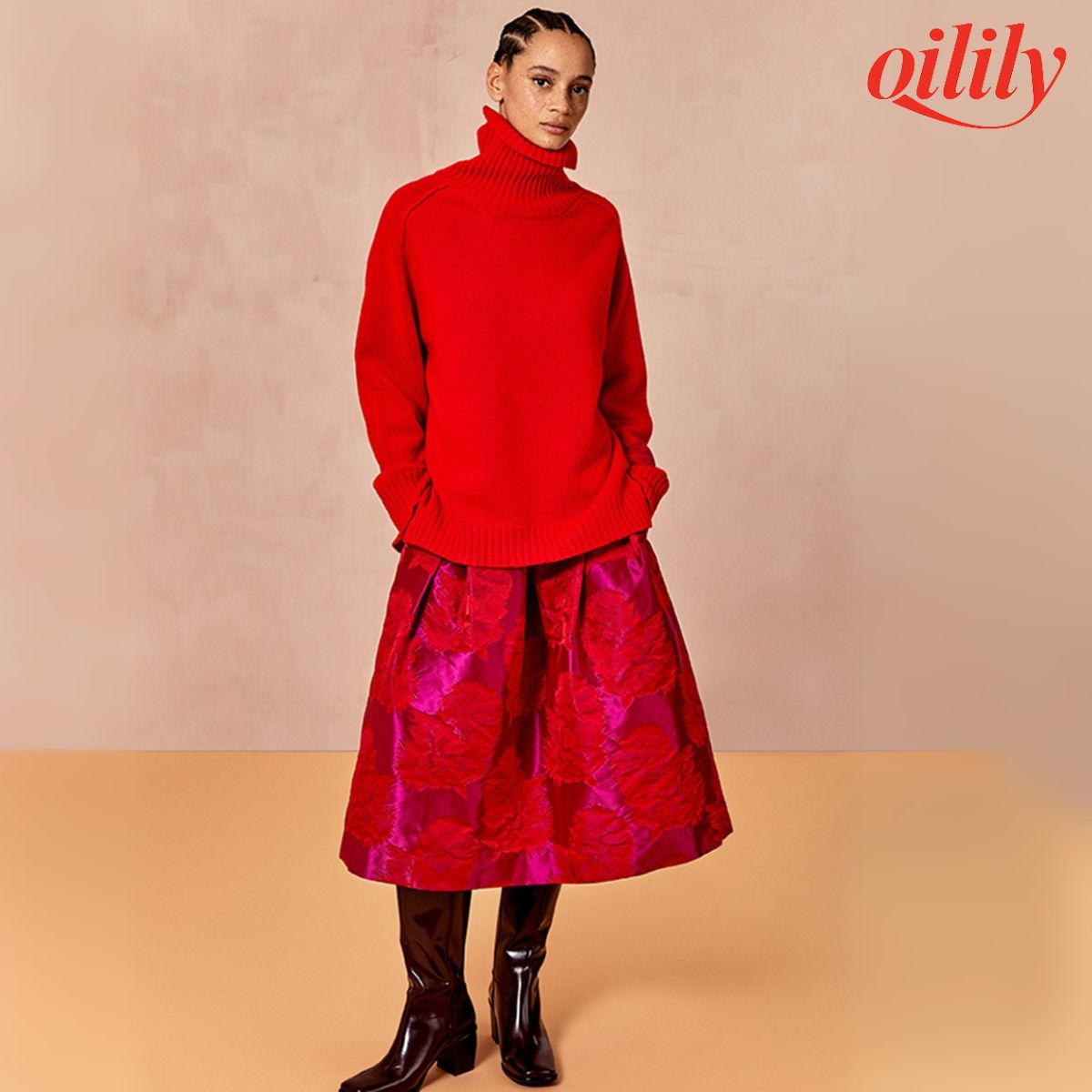 【f25wsk8080】 スカート ジャガード 花柄 光沢 ミディ丈【M】