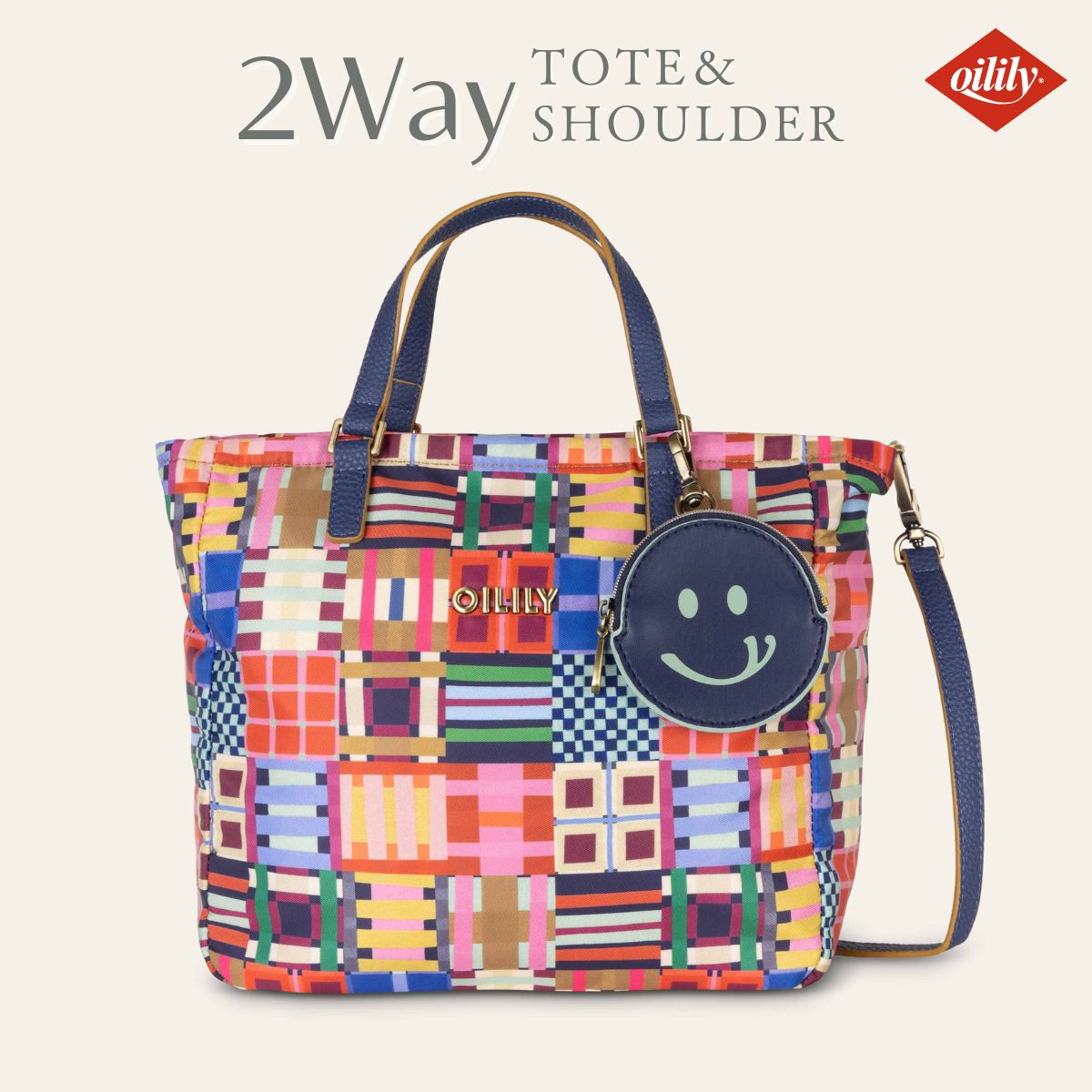 【oil1691】 ハンドバッグ 2way ショルダーバッグ タータンテープ グラフィックプリント スマイリーポーチ付き 
