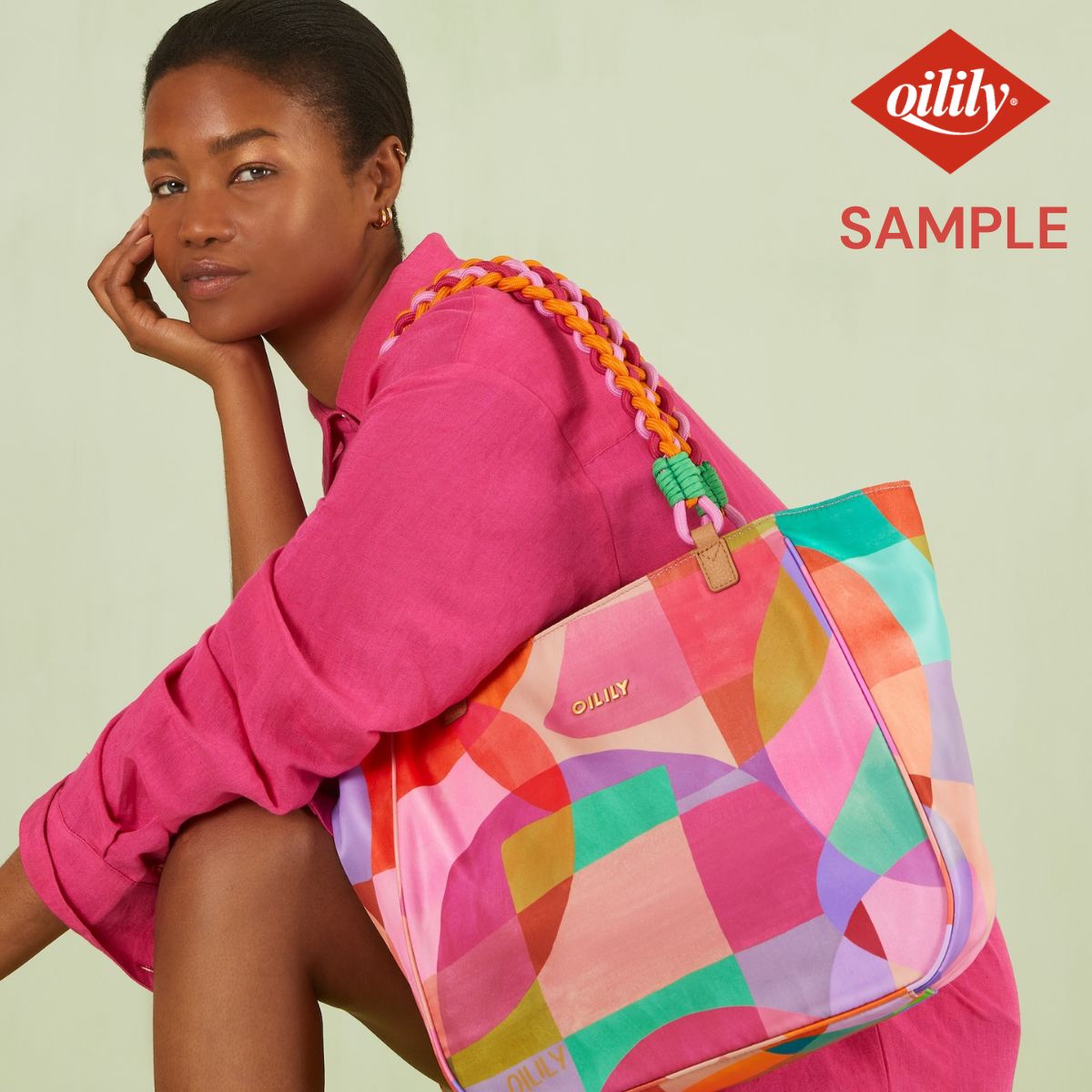 ■サンプル■【OIL1230】ショッパー グラフィック柄 大きめ トートバッグ マルチカラー[ピンク]