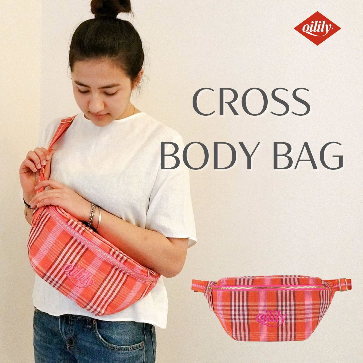 【oil1336】 クロスボディバッグ チェック コットン 大きめ  