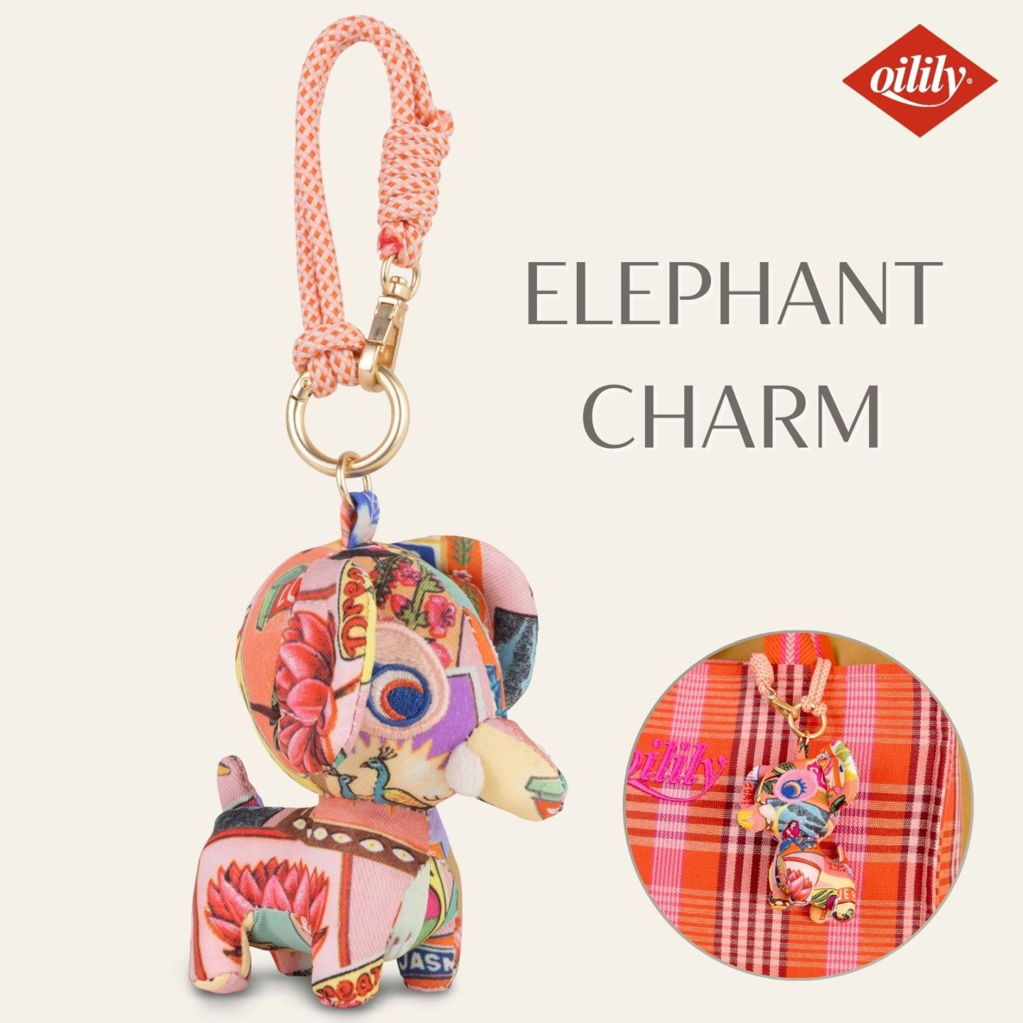 【oil1359】バッグチャーム エレファント インド 像 マハラジャ プリント キーリング