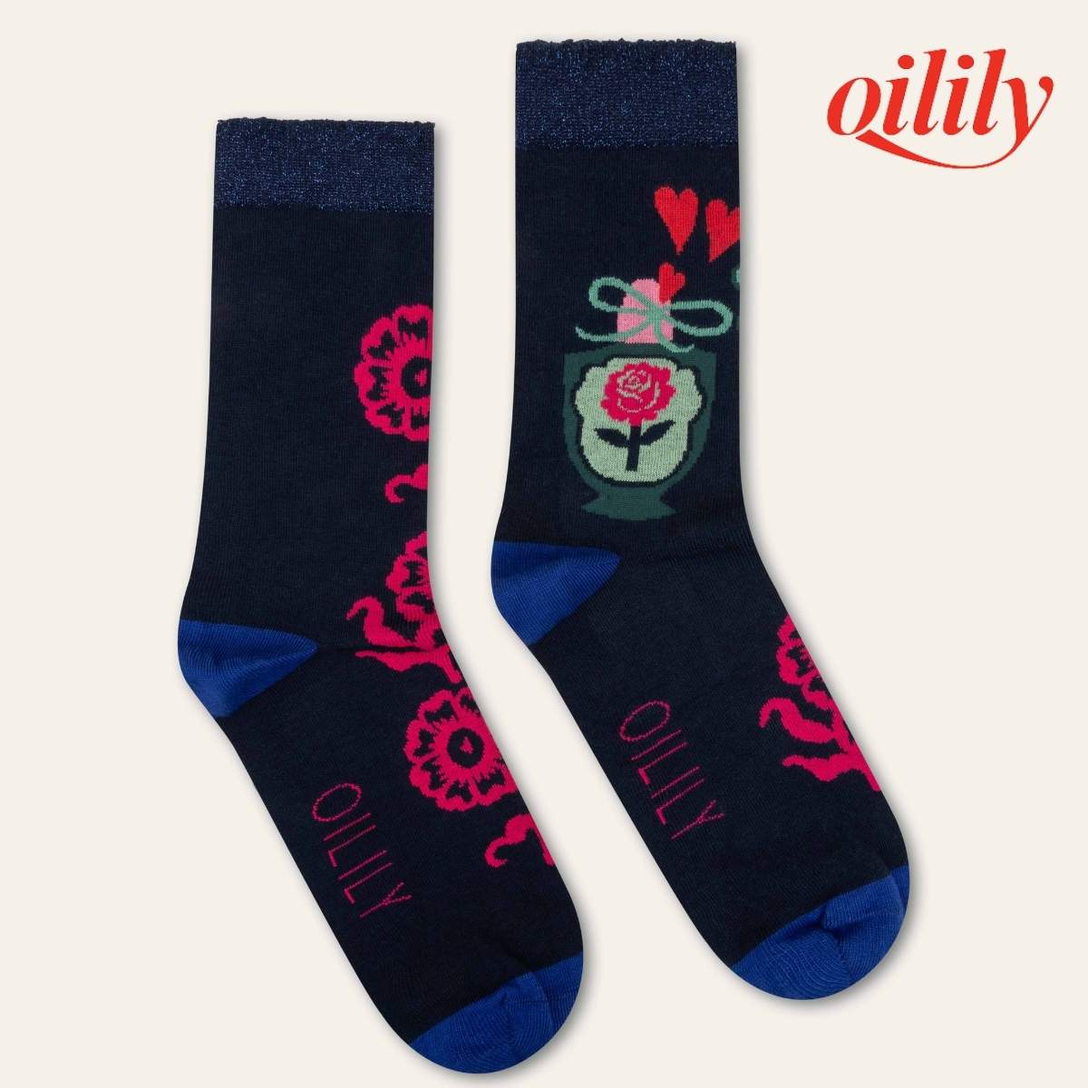 【f26wti9004】 靴下 ハートモチーフ 花瓶 カーフソックス ふくらはぎ丈 ダークブルー 39サイズ【24-25cm】