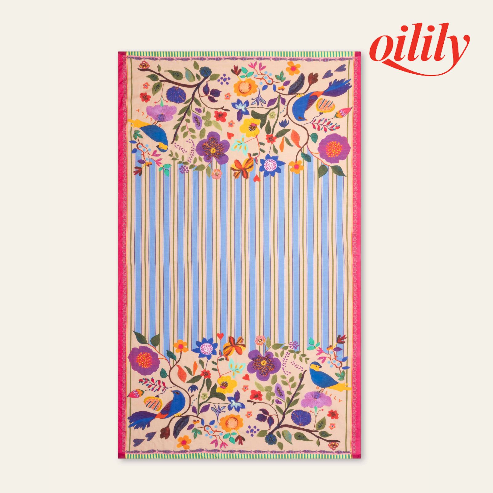 【S26WAC9100】スカーフ ストール コットンシルク 大判 ピンク 花柄ストライプ【100ｘ180cm】