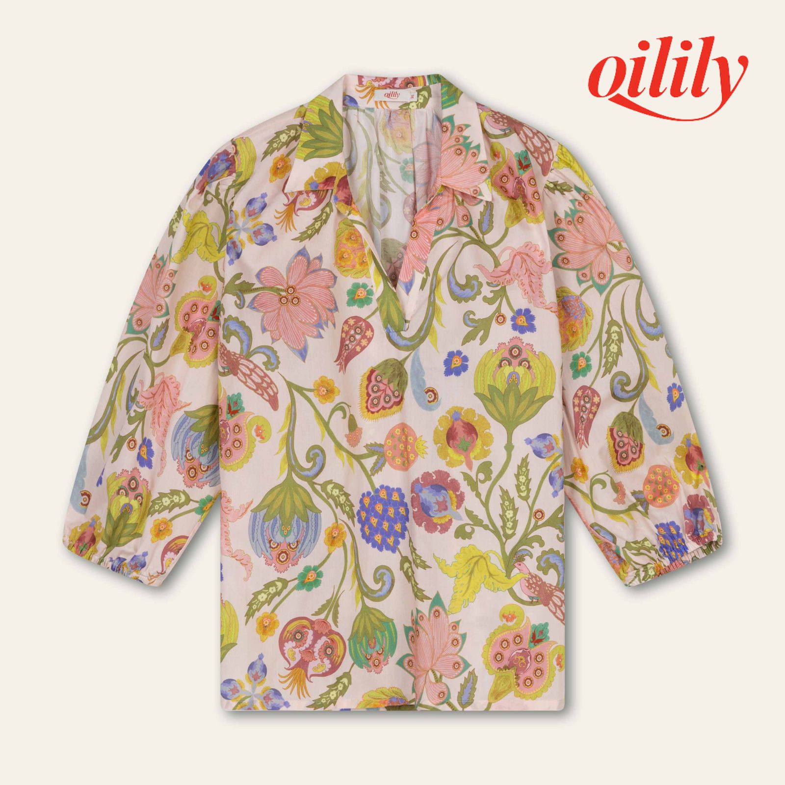 【S26WBL5010】 ブラウス コットン ７分袖  サファイア チンツプリント 花柄【S-Mサイズ】