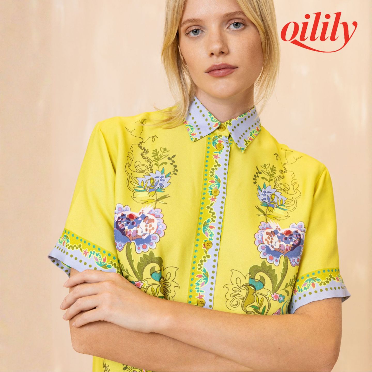 【S26WBL5020】ブラウス 黄色 マライアート ビスコース M-Lサイズ