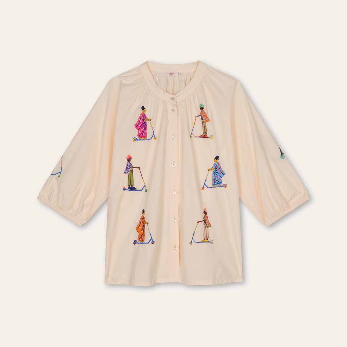 【S26WBL5055】ブラウス ラウンドネック コットン 7分袖 生成 刺繍 スクーター