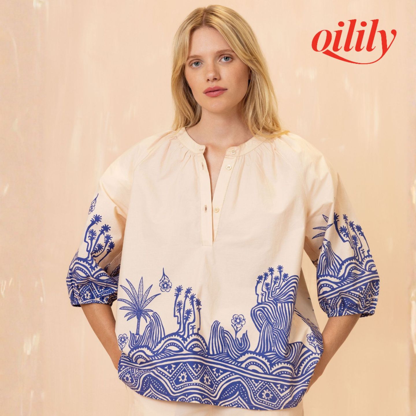 【S26WBL5096】 ブラウス コットン バンドカラー オフホワイト 生成 インドの風景