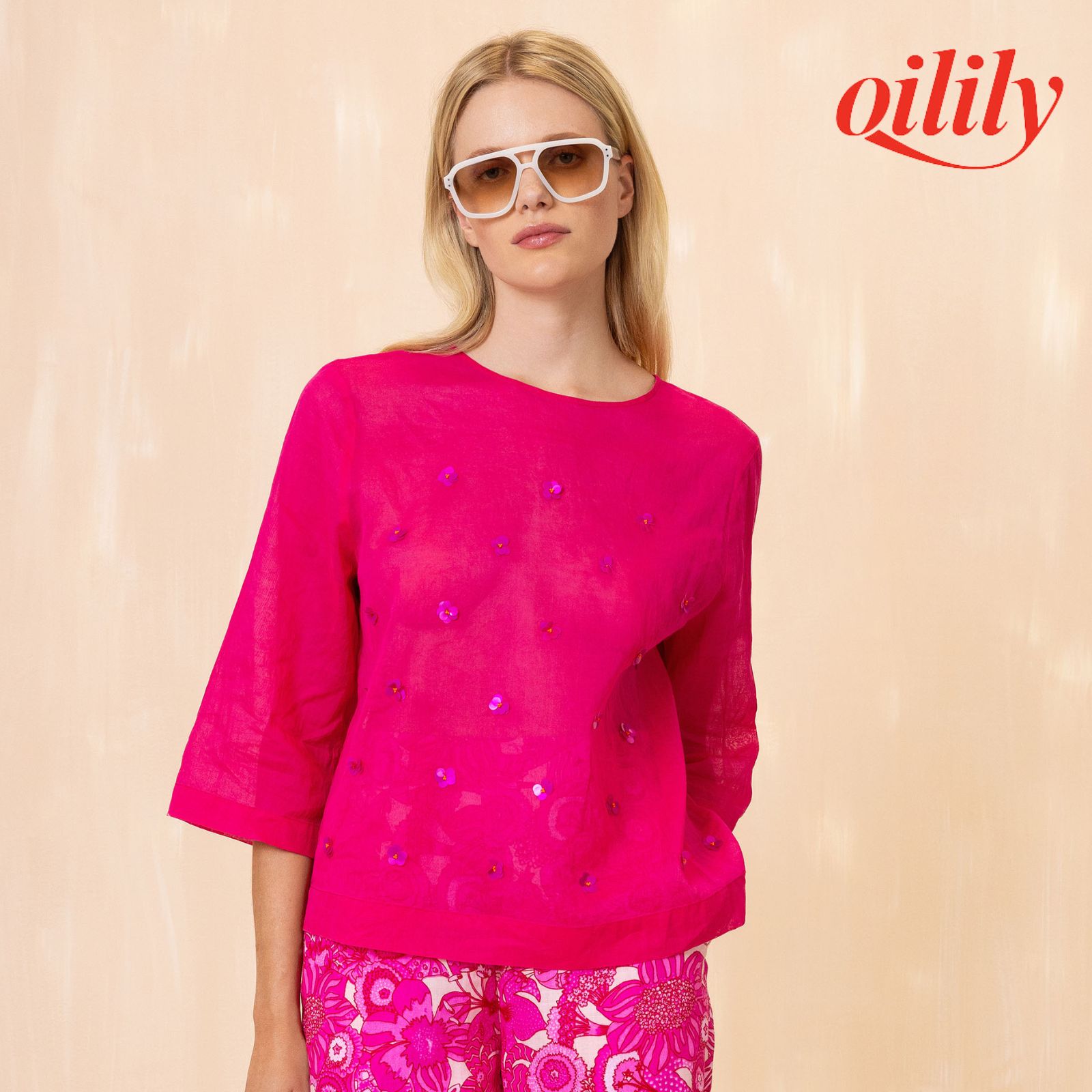 【S26WBL5161】 ブラウス コットン ７分袖 スパンコール ピンク【M-L】