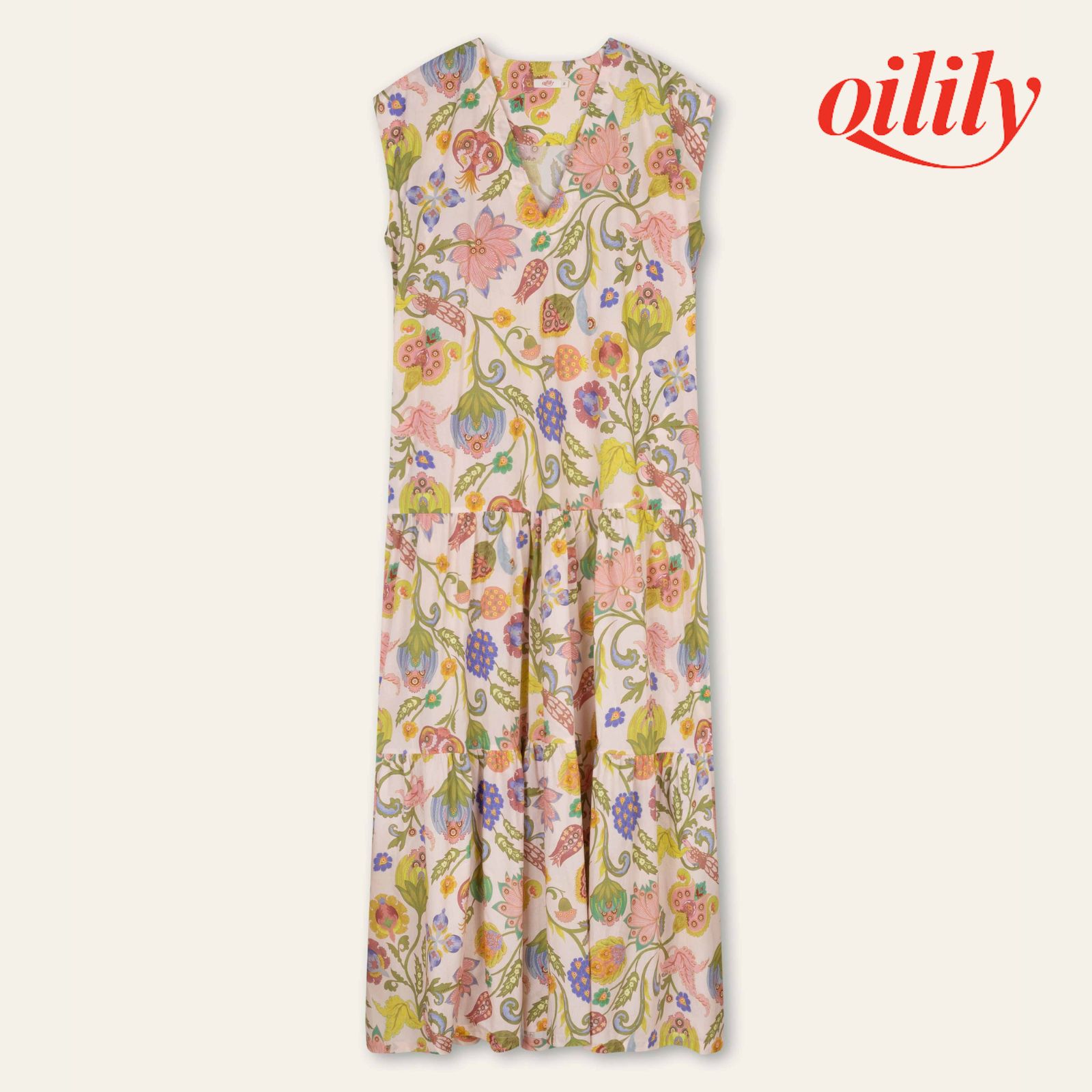 【S26WDR6030】 ワンピース コットン マキシドレス 花柄 ティアード ピンクサーモン【Mサイズ】