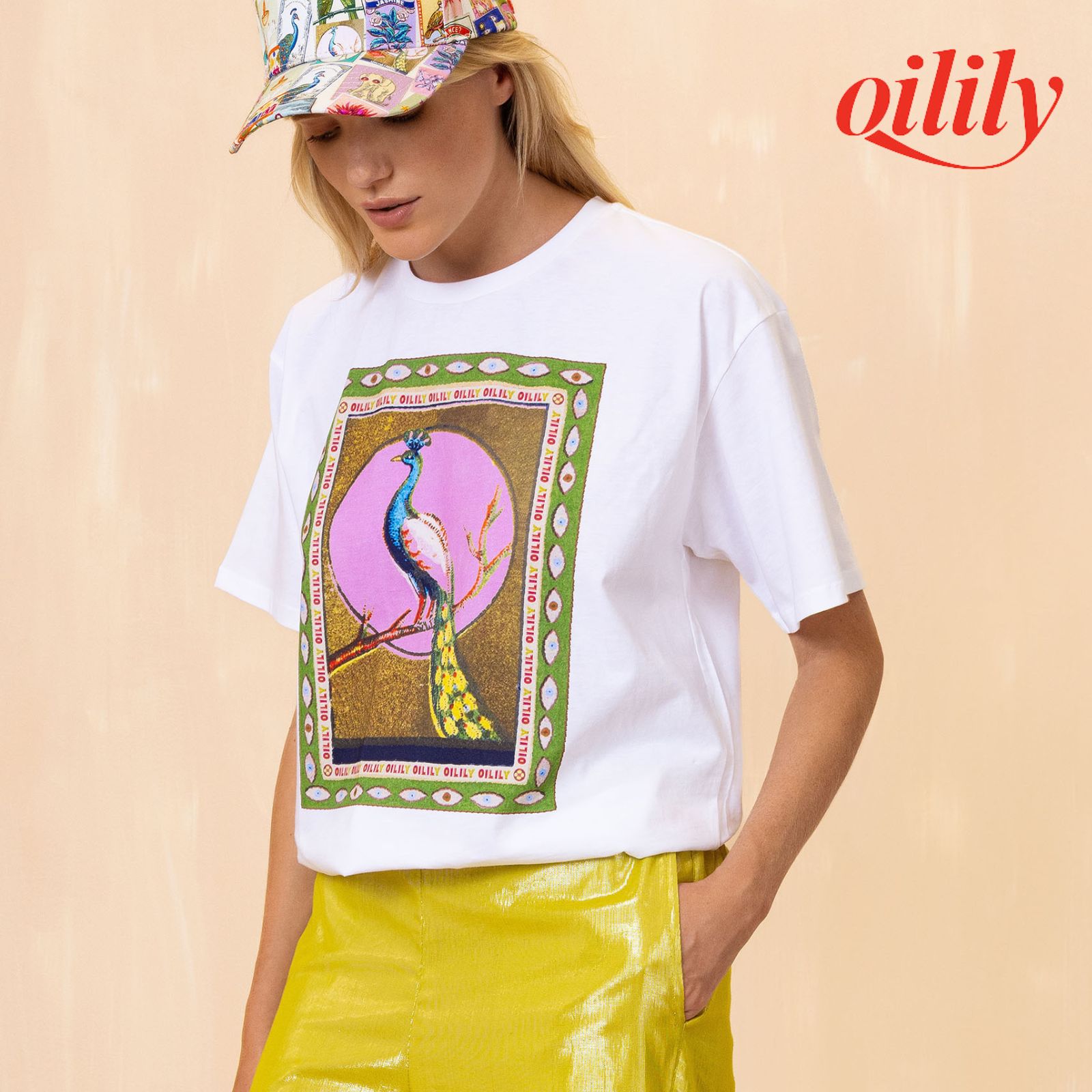 【S26WJE4040】 Tシャツ クルートップ オーガニックコットン ボックスTシャツ クジャク オーバーサイズ【cm】