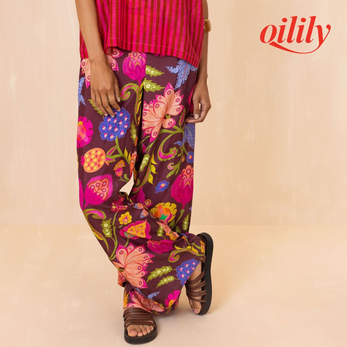 【S26WPA7010】 パンツ ビスコース サファイア チンツプリント ワイド【S-Mサイズ】