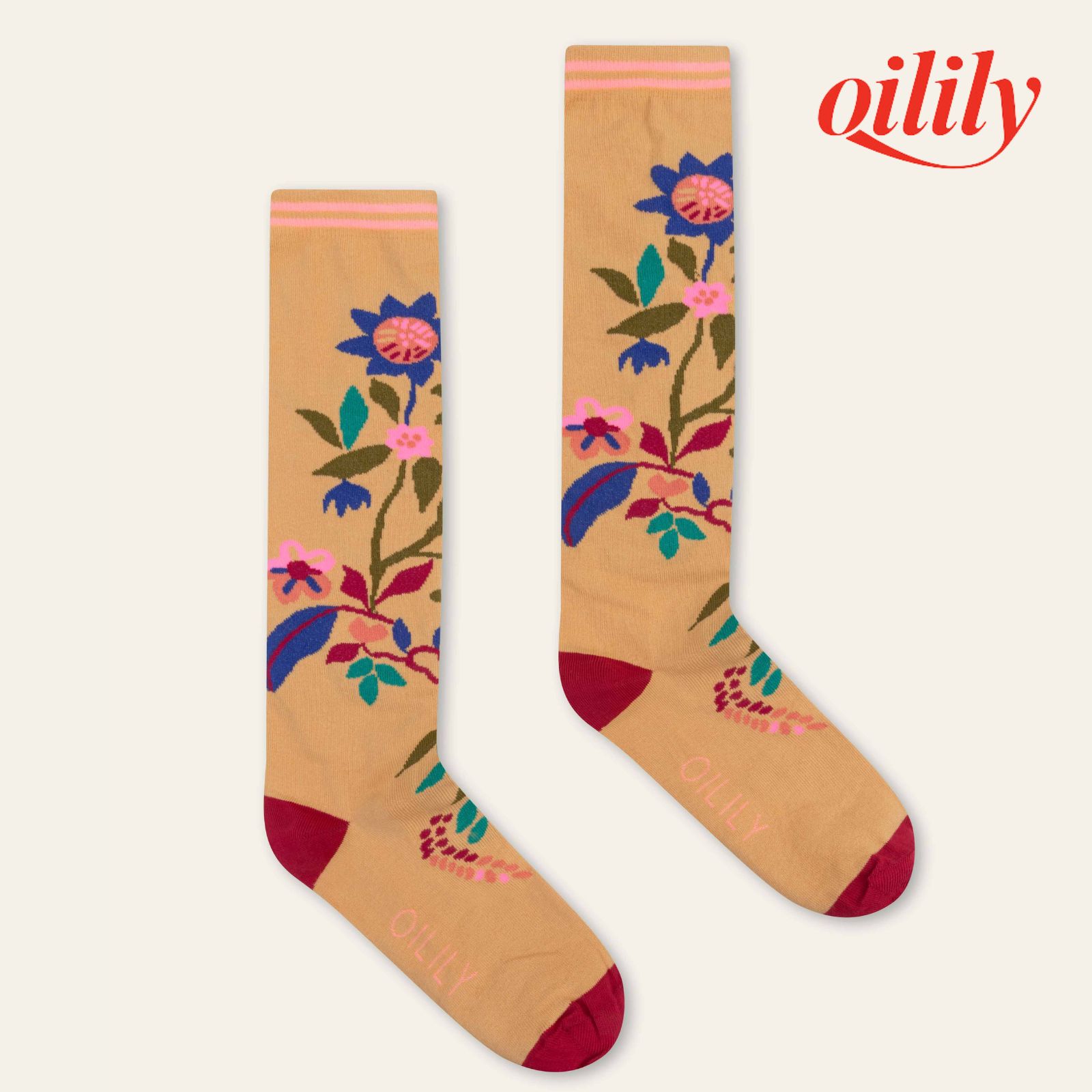 【S26WTI9134】 靴下 ハイソックス オレンジ ベージュ 花柄 39【24-25cm】