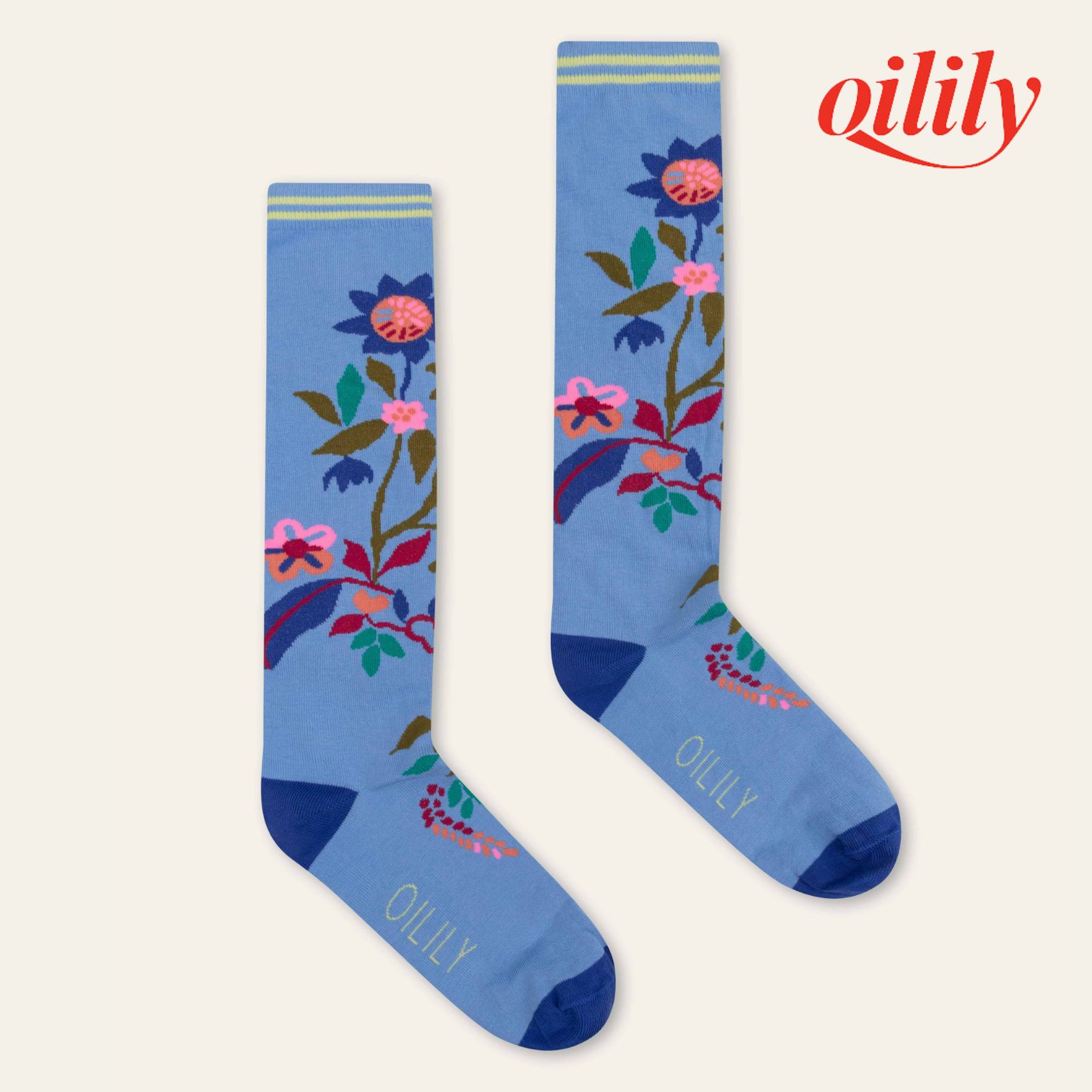 【S26WTI9135】 靴下 ハイソックス ブルー 花柄　39【24-25cm】