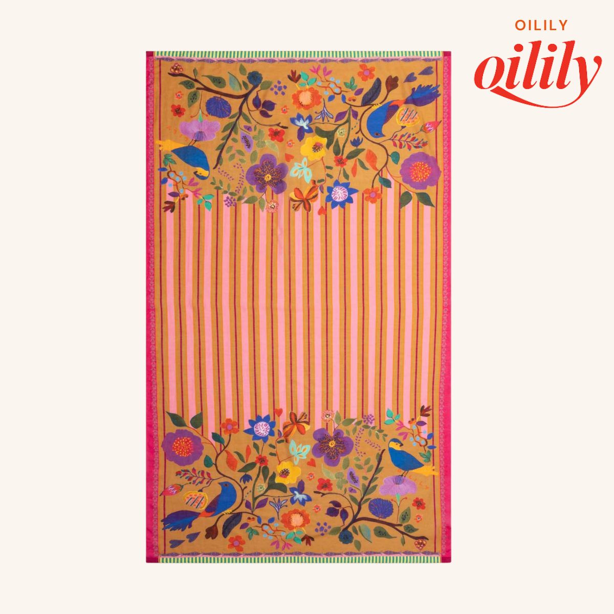 【S26WAC9100】スカーフ ストール コットンシルク 大判 花柄ストライプ 青い鳥 アンバーゴールド【100ｘ180cm】