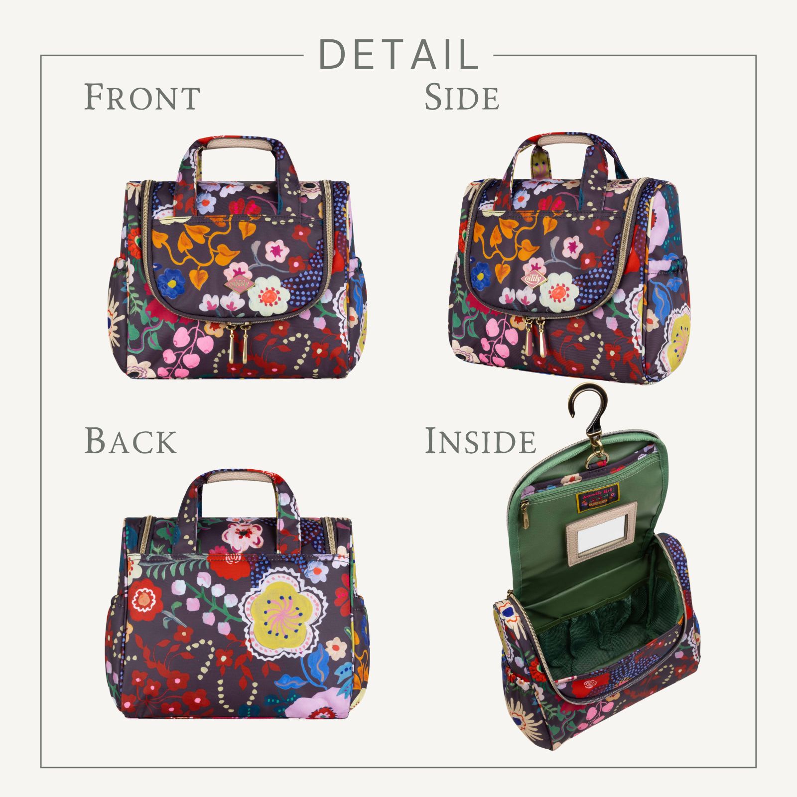 オイリリーロゴ刺繍ポーチ型エコバック①トラベル　花柄 オイリリーロゴ刺繍ポーチ型エコバック①トラベル花柄