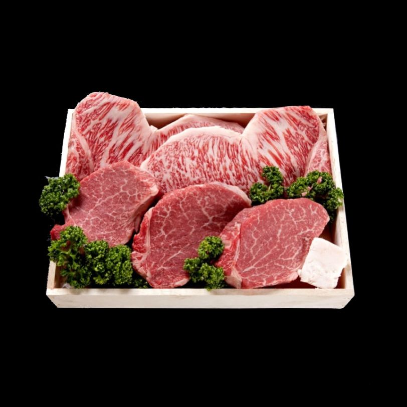 【木箱入】ロースステーキ＆ヒレステーキ肉折詰　　　　　　　　　　　　　　　　　　　　　　　　　　　　　　　　＜ロースステーキ：2枚（計360ｇ）・ヒレステーキ：3枚（計420ｇ）＞