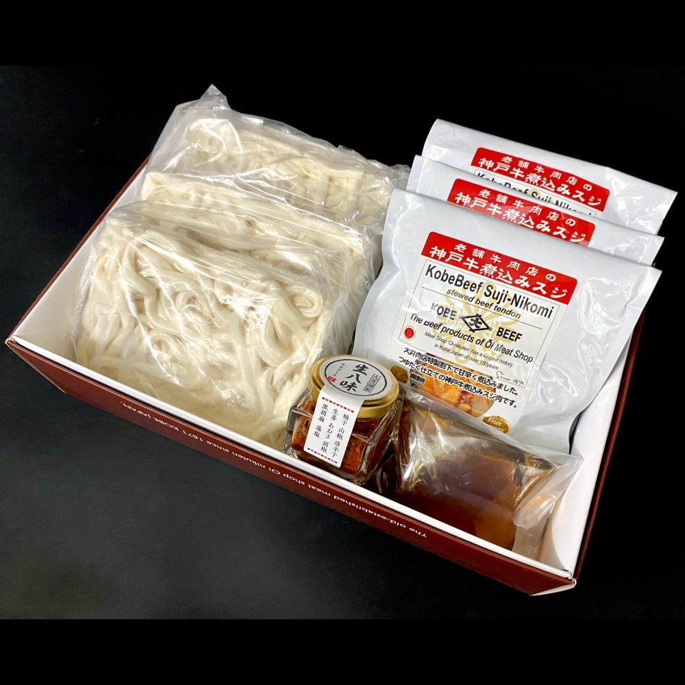 老舗牛肉店の神戸牛ぼっかけうどん(3食セット)生八味付き