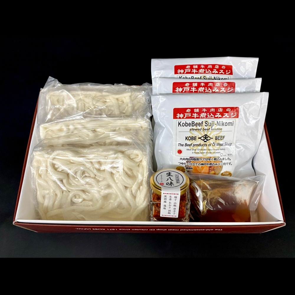 老舗牛肉店の神戸牛ぼっかけうどん(3食セット)生八味付き