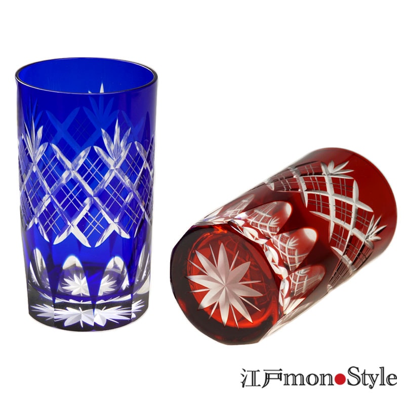 ペア】江戸切子タンブラー(重ね矢来/赤＆瑠璃)【名入れ・メッセージ