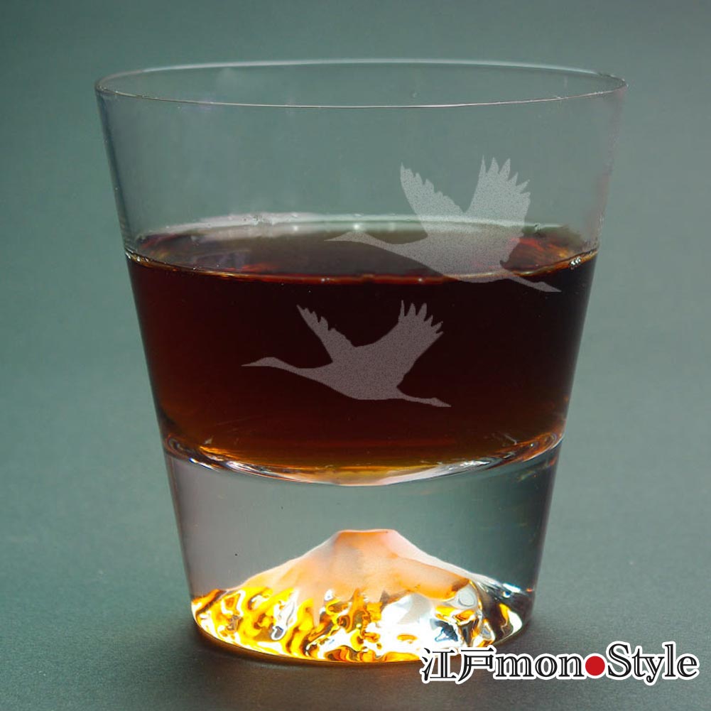 当店限定】【江戸硝子】富士山ロックグラス（鶴）【名入れ・メッセージ