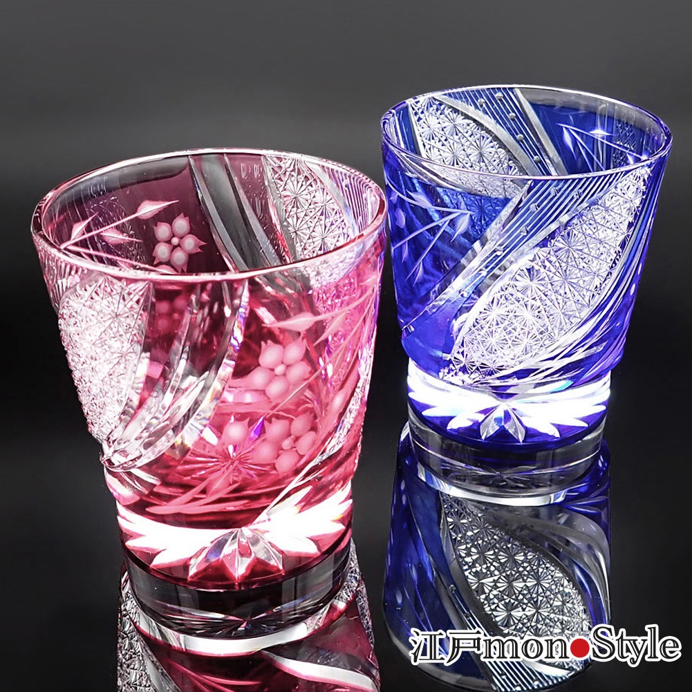 江戸切子グラス 瑠璃被せ 桜模様 ペアグラス 廃盤品 江戸切子グラス 瑠璃被せ 桜模様 ペアグラス 廃盤品 江戸切子ロック