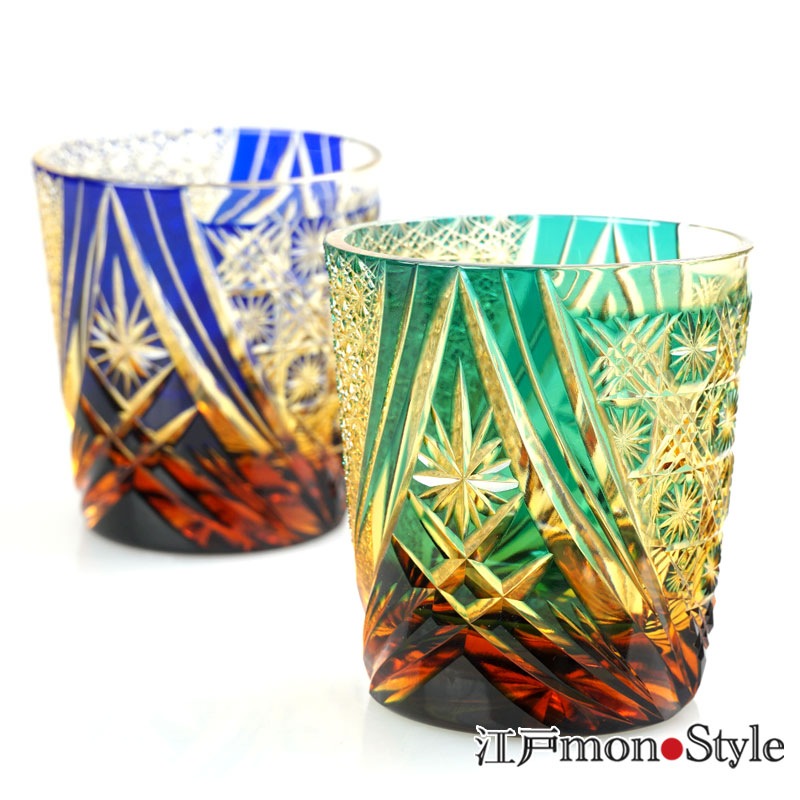 【送料無料】江戸切子グラス(雅/緑×アンバー)【名入れ・メッセージ入れ可】
