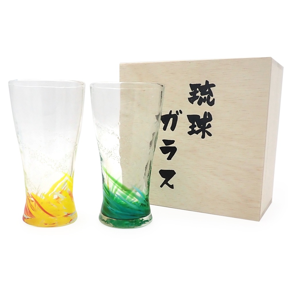 ✨未使用✨硝子工芸品 琉球ビードロ硝子 ペアグラス 未使用】沖縄 琉球ガラス 琉球泡ガラス 宙吹きガラス ビードロ