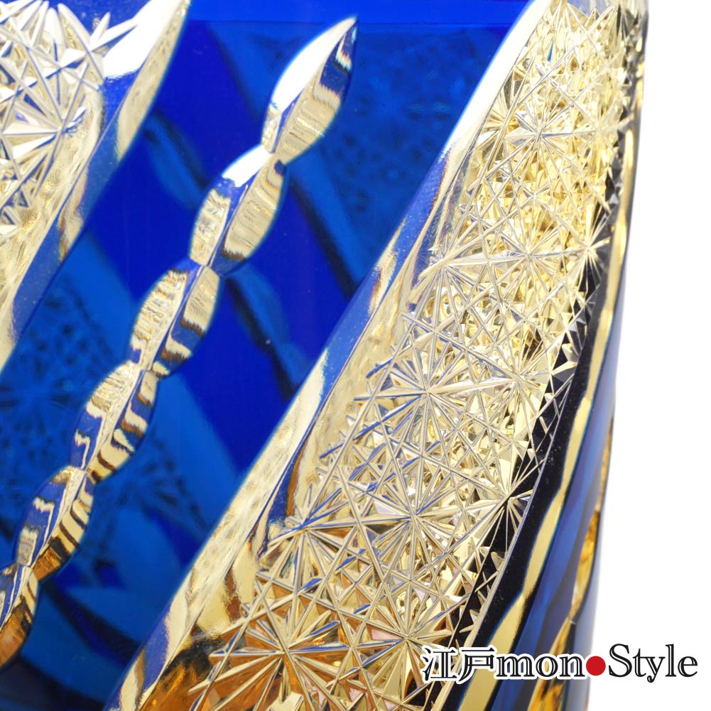 アンティーク⭐️コバルトブルー切子ガラス⭐️オルゴール付きリングケース⭐️蔵保管 送料無料】【ペア】江戸切子グラス(風車/金赤×アンバー＆瑠璃×アンバー