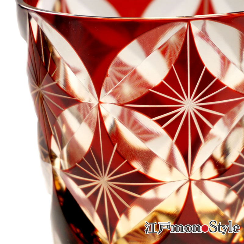 ペア】江戸切子グラス(菊七宝/赤×アンバー＆瑠璃×アンバー