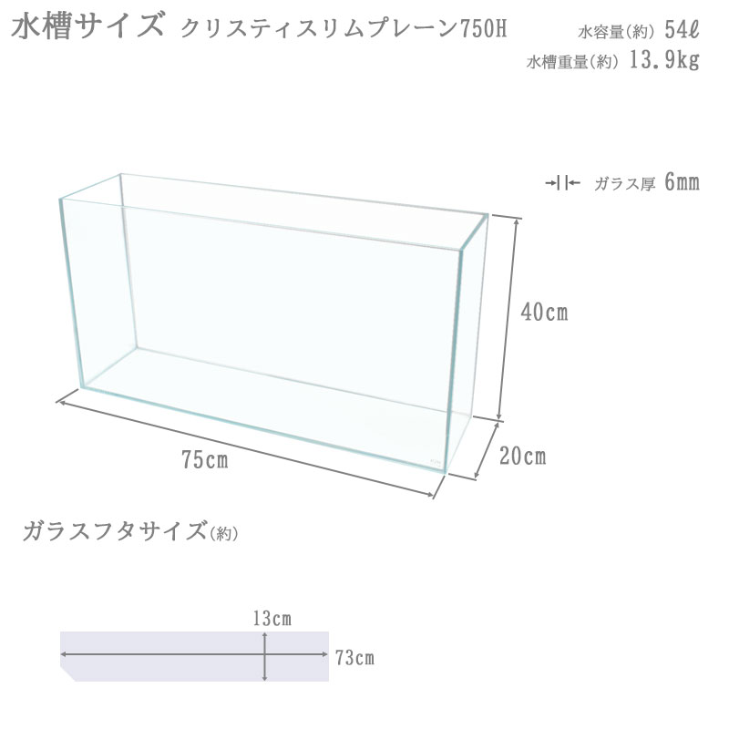 水槽 75cm ガラス水槽 【75×20×40cm 54L】 クリスティスリムプレーン 750H 75cm水槽 ガラス 蓋付き フタ受け付き 保護マット付き ガラス厚6mm 13.9kg アクアシステム 熱帯魚 水草 金魚水槽 水槽 超透明 クリア ガラス 限定 オールガラス アクアリウム 送料無料