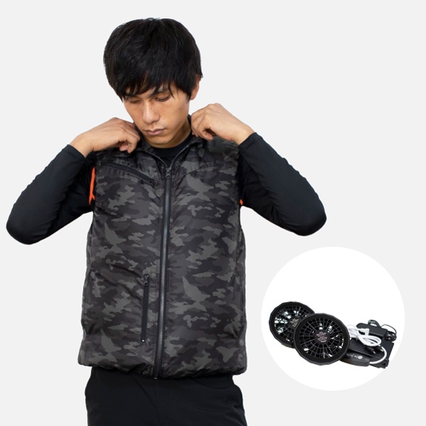 空調服 ファン付き カモフラ柄 モバイルバッテリーセット 空調ベスト ＆ PSE認証マーク付バッテリーセット カモグレー