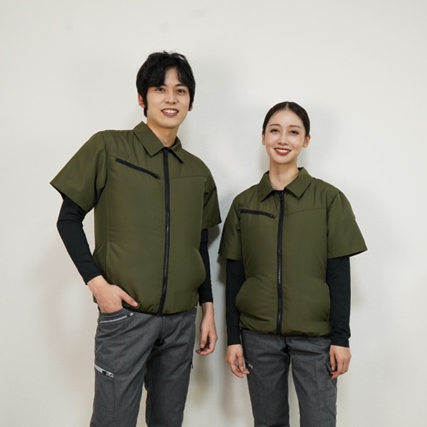 カーキ 半袖空調服 通気口付き 空調ベスト & PSE認証マーク付バッテリーセット ネイビー