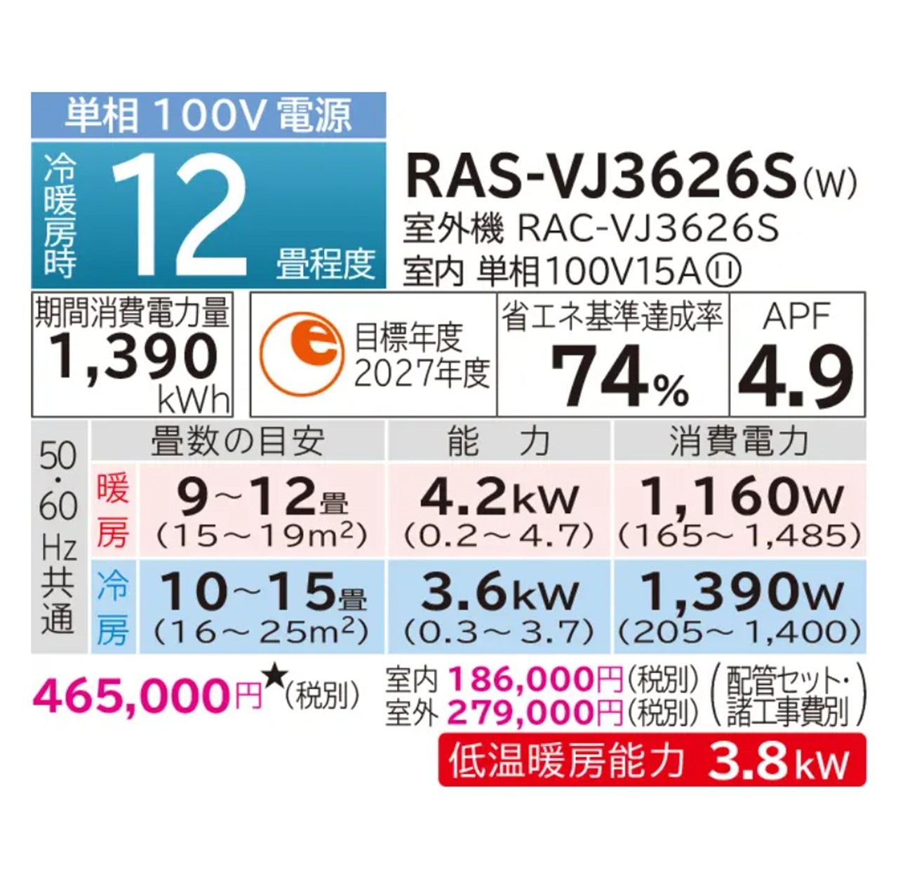 日立 エアコン 12畳 白くまくん RAS-VJ3626S W RASVJ3626SW 2026年モデル 100V VJシリーズ 発送のみ 離島不可
