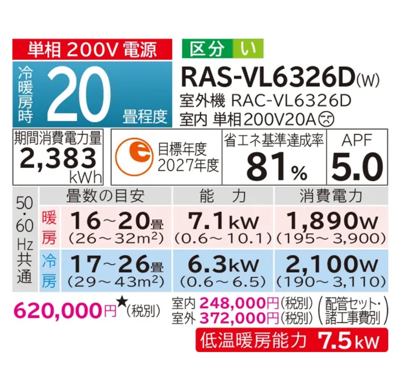 日立 エアコン 20畳 白くまくん RAS-VL6326D W RASVL6326DW 2026年モデル 200V VJシリーズ 発送のみ 離島不可
