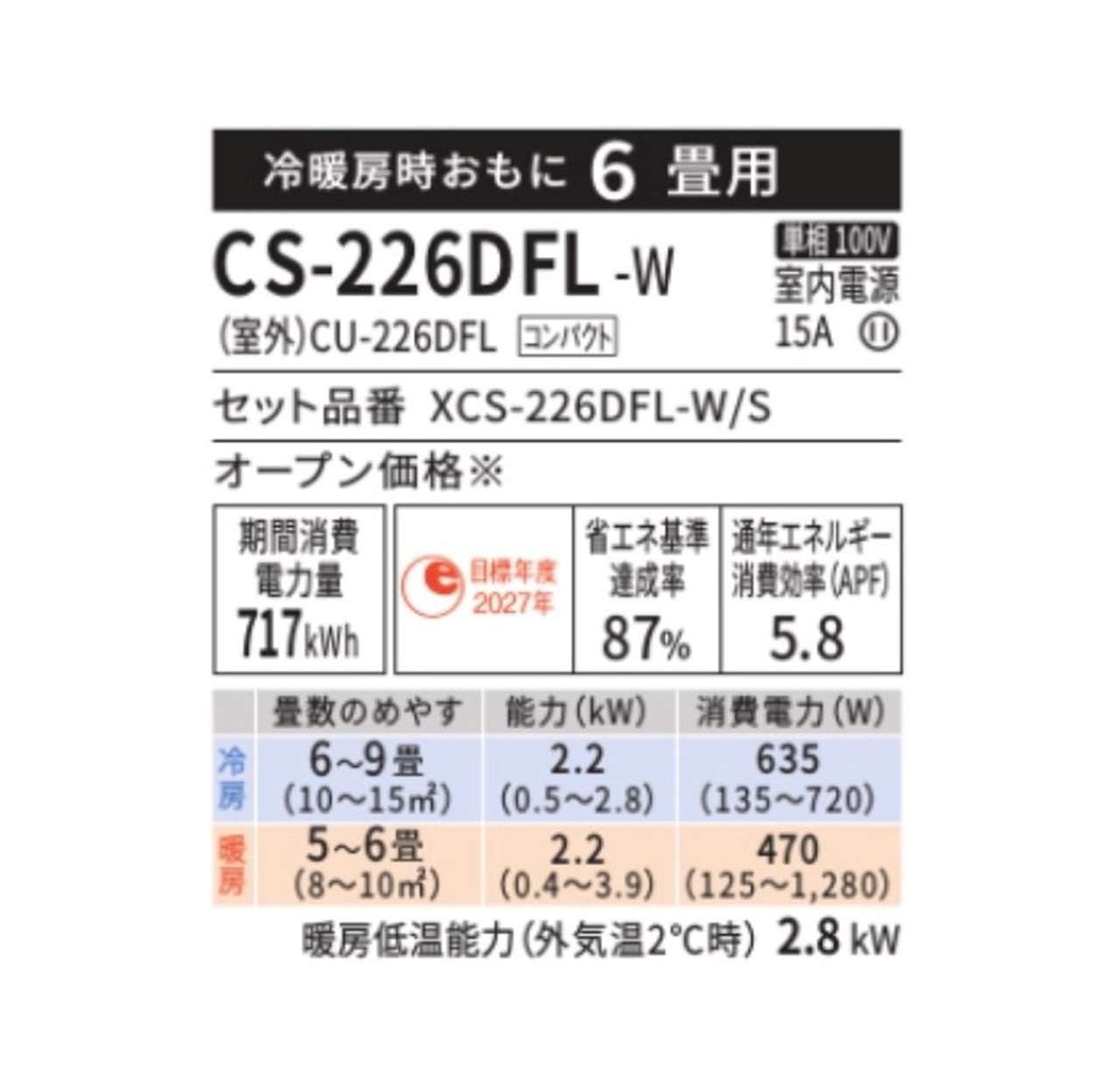 【発送のみ】 Panasonic エオリア CS-226DFL-W CS226DFLW エアコン 6畳 メーカー保証1年 離島不可 新品未開封