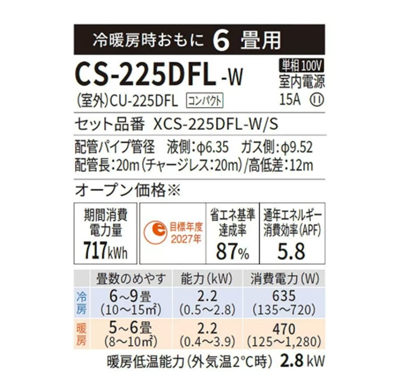 Panasonic パナソニック エアコン 6畳程度 エオリア CS-225DFL-W CS225DFLW メーカー保証1年 離島不可 新品未開封