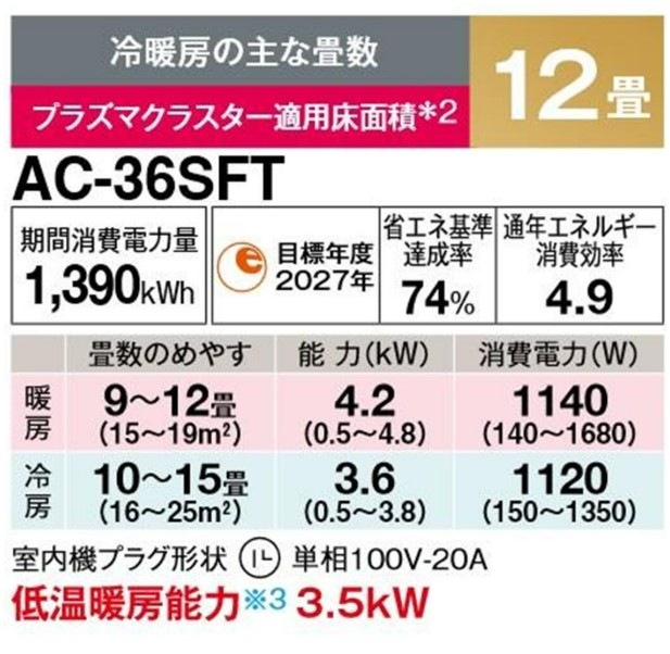エアコン 12畳 シャープ SHARP 2024年モデル AC-36SFT プラズマクラスター 新品 発送のみ 離島不可