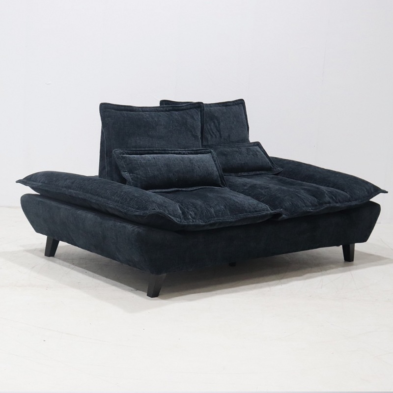 木製アームチェア・ 黒ファブリックソファ・ボタンクッション・ブラック ソファー 2人掛け ふわふわ 背もたれ可動式 肘なし ファブリック