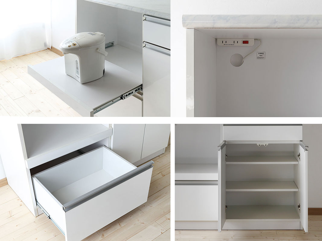 美品 大理石キッチン収納棚 レンジ台 大理石調キッチンカウンター(オープンタイプ) ラミ 幅118.8 ホワイト