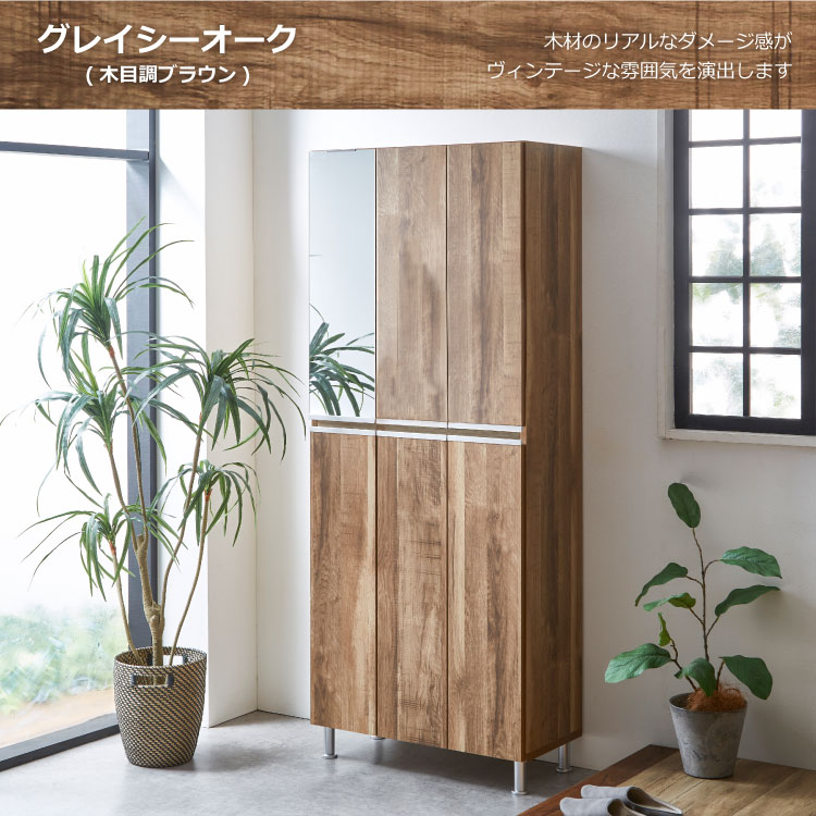 シューズボックス 靴箱 下駄箱 【リアル 75HI 板戸タイプ 左上鏡