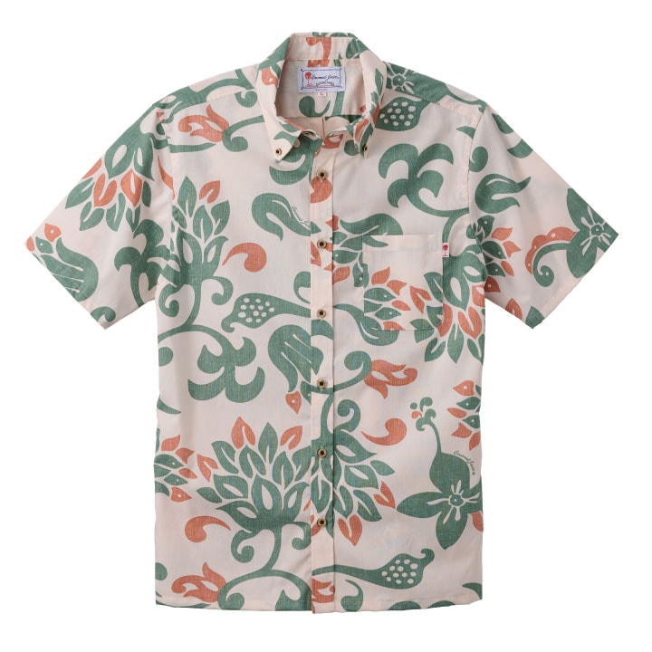 手作りのポリエステル生地メンズかりゆしウェアＭサイズカーキー色 JM0206036> かりゆしウェア メンズボタンダウンシャツ（060）OFF GREEN