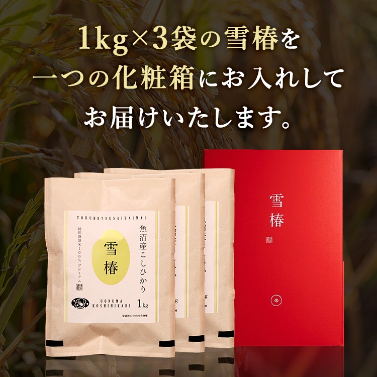 【化粧箱入り（赤地） 風呂敷包み】令和7年産 最高級魚沼産コシヒカリ「雪椿」1kg×3袋